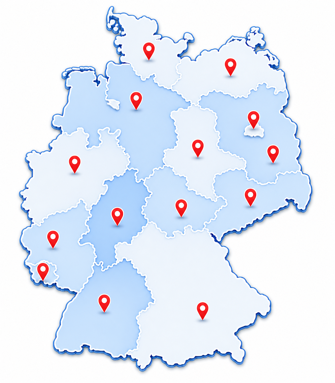 Deutschlandkarte mit 16 Standort-Pins — DK Logistik ist in allen 16 Bundesländern im Einsatz